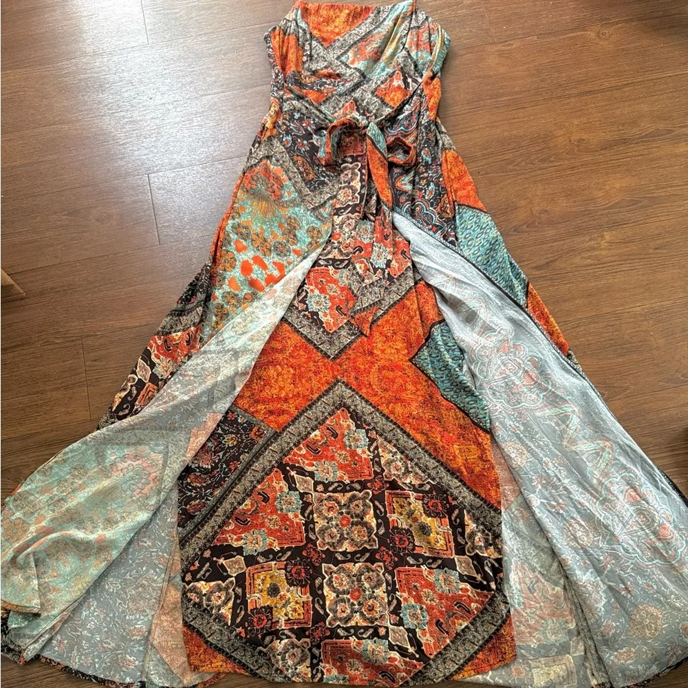 NWT  Bohemian Maxi Dress Gown | Organic Viscose Wrap Palazzo with Slits Dress - Picture 11 of 13